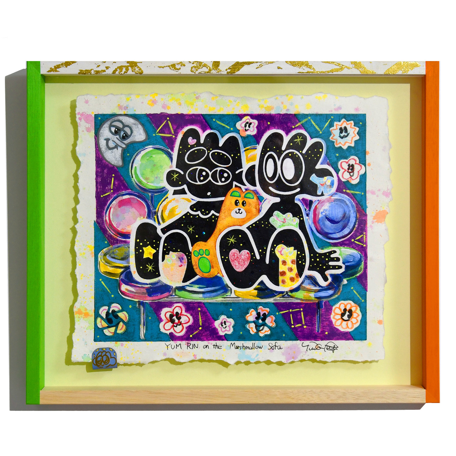 Yusuke Toda - YUM RIN on the Marshmallow Sofa, 2025, Mixed media on U.S. cotton paper, 
framed with an original frame.