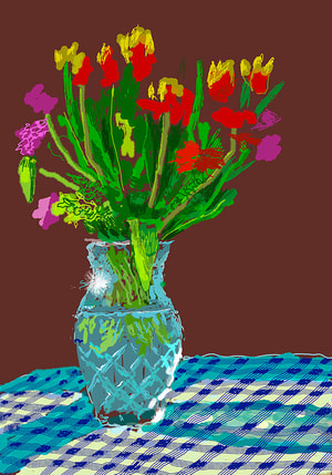 David Hockney - 24th February 2021, Red, Yellow and Purple Flowers on a Blue Tablecloth