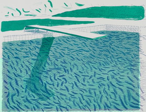 David Hockney - Lithograph Of Water Made Of Lines, Crayon And A Blue Wash