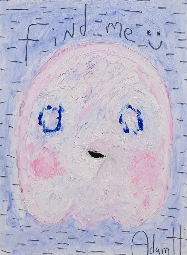 Adam Handler - Find Me Ghost, 2021, Oil stick and pencil on heavy weight paper
Framed in a white 1 in. frame, ¾ in float m...