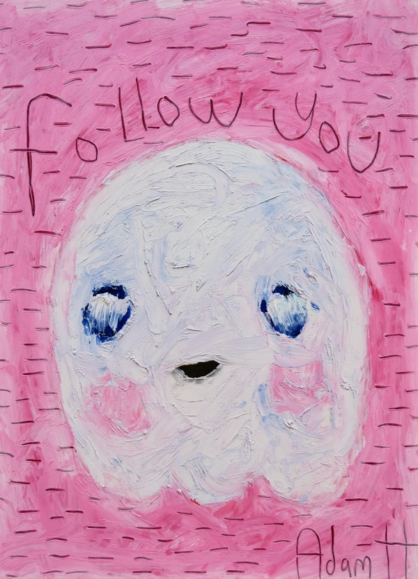 Adam Handler - Follow You Ghost, 2021, Oil stick and pencil on heavy weight paper
Framed in a white 1 in. frame, ¾ in floa...