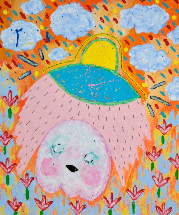 Adam Handler - Ghost Abduction at the town park, 2023, Oil stick, acrylic and pencil on canvas