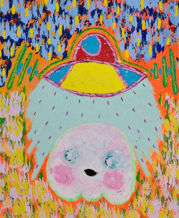 Adam Handler - Ghost Abduction in 1987, 2023, Oil stick, acrylic and pencil on canvas