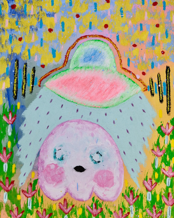 Adam Handler - Ghost Abduction in a virtual garden, 2023, Oil stick, acrylic and pencil on canvas