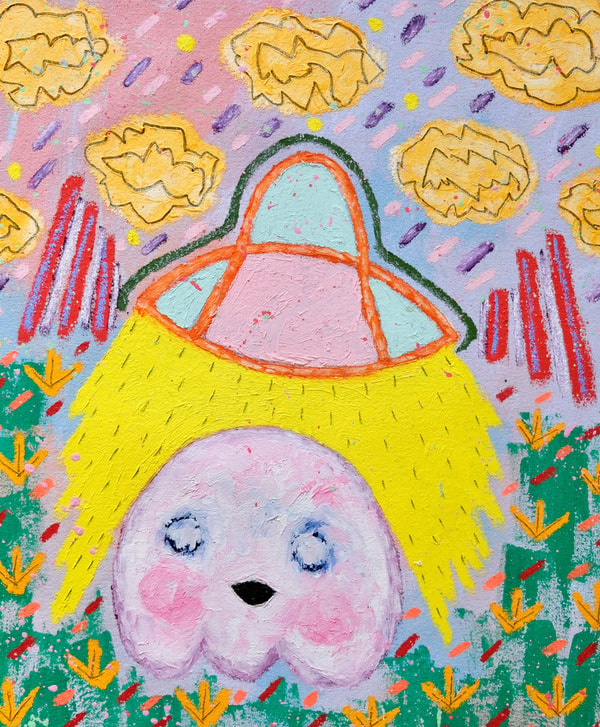 Adam Handler - Ghost Abduction in Toad’s world, 2023, Oil stick, acrylic and pencil on canvas