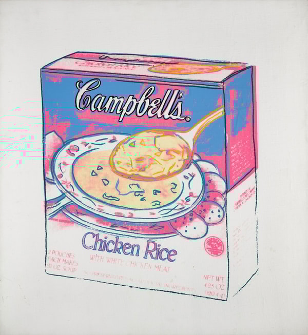 Andy Warhol - Campbell's Soup Box : Chicken Rice, 1986, Acrylic and silkscreen ink on canvasPainting in 1986