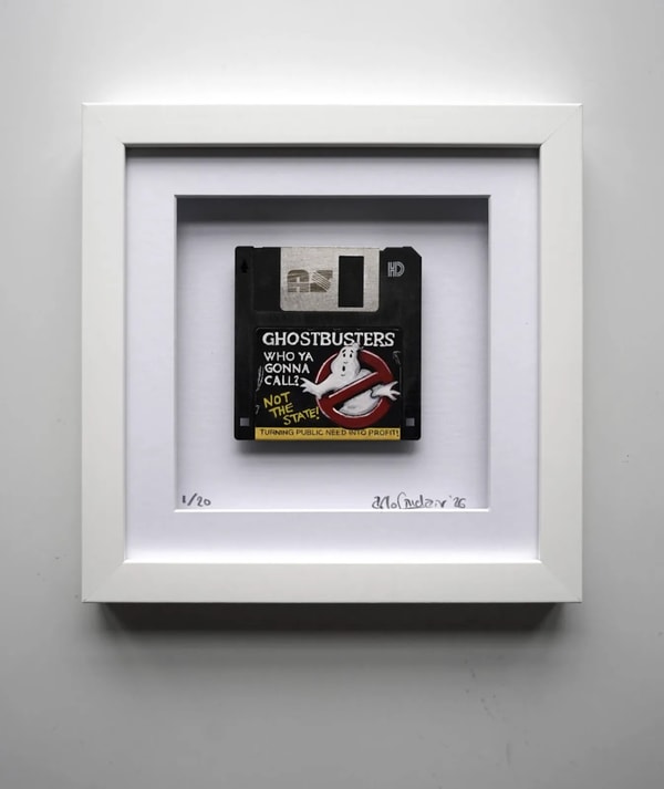 Arlo Sinclair - Ghostbusters: Public Need Into Profit - 3.5” Black, 2026, Hand-painted retro floppy disk: acrylic paint, p...