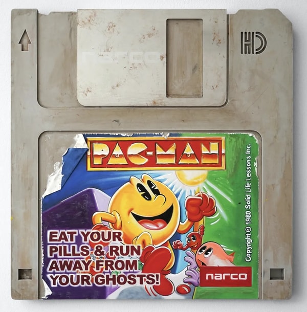 Arlo Sinclair - PacMan: Pills & Ghosts — 20”, 2025, Acrylic / Aluminium / Paper / Hand Painted Label
Signed and individual...