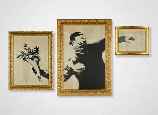 Banksy - Flower Thrower Triptych VIP, 2019, Set of three screen prints on recycled card in artist's frame