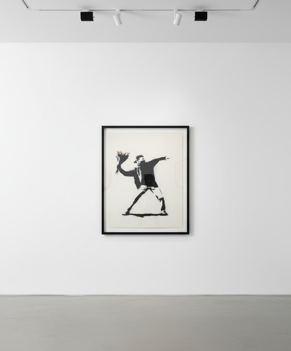 Banksy - Love Is In The Air Flower Thrower Canvas, 2002, Stencil spray paint on canvas