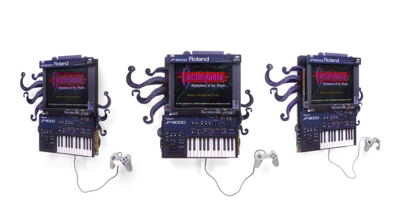 Connor Gottfried - An Octopus's Garden (Soundtracks), 2025, Aluminum composite panelling,19” IPS screen, PS1 emulator, Cas...