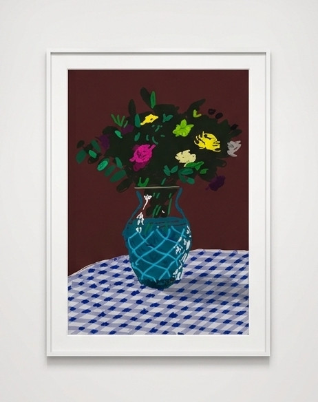 David Hockney - 21st March, Purple and Yellow Flowers in a Vase, 2021, iPad painting printed on paper