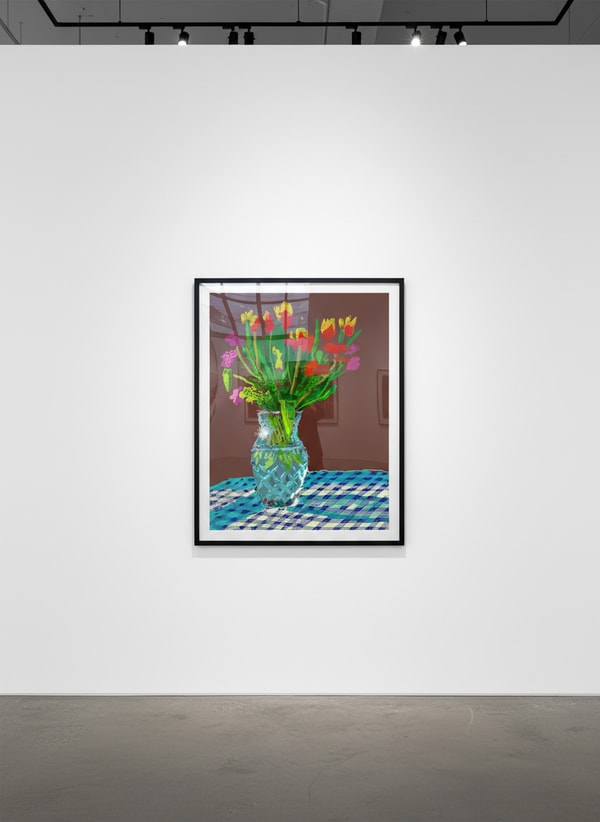 David Hockney - 24th February 2021, Red, Yellow and Purple Flowers on a Blue Tablecloth, 2021, iPad Drawing Printed on Paper