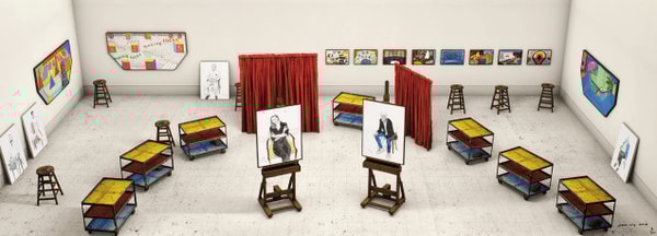David Hockney - Seven  Trollies, Six and a Half Stools, Six Portraits, Eleven Paintings, and Two Curtains, 2018, Photograp...