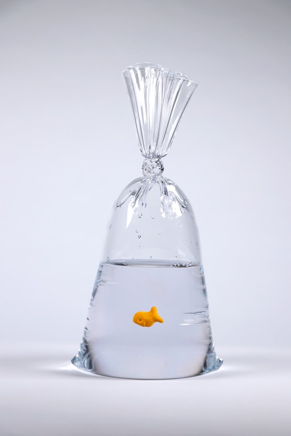 Dylan Martinez - Limited Edition Goldfish Cracker Water Bag (240)-, 2024, `Hand blown glass sculpture with ceramic fish el...