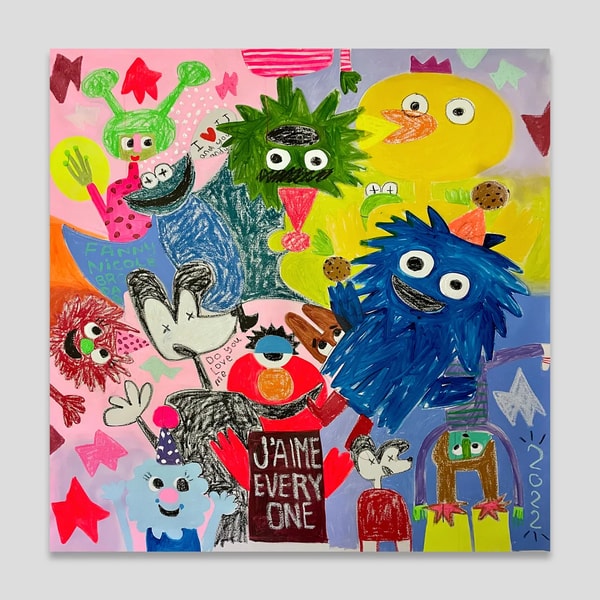 Fanny Brodar - J'aime Everyone, 2022, Acrylic, oil stick, and spray paint on canvas