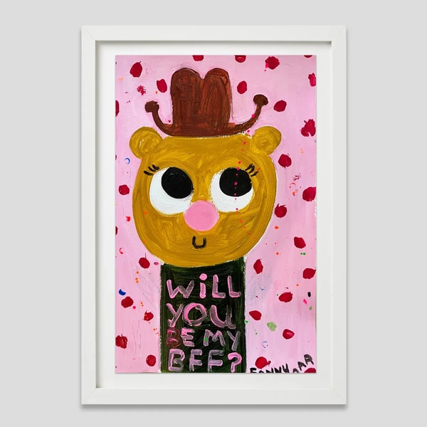 Fanny Brodar - Will You Be My BFF, 2022, Acrylic and oil stick on heavyweight paper
Framed in a 1 in white from with a ¾ ...