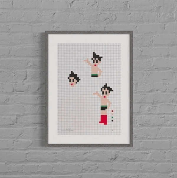 Invader - Astroboys, 2014, Screen print in colors on graph paper.