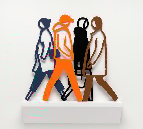Julian Opie - Belgium 2, 2021, Wall mounted Corian shelves each with 4 freestanding acrylic sculptures