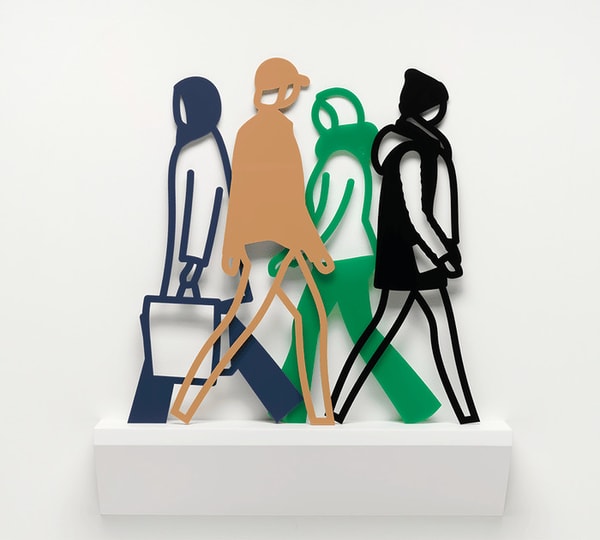 Julian Opie - Belgium 3, 2021, Wall mounted Corian shelves each with 4 freestanding acrylic sculptures