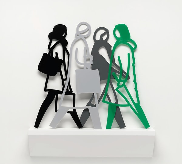 Julian Opie - Belgium 4, 2021, Wall mounted Corian shelves each with 4 freestanding acrylic sculptures
