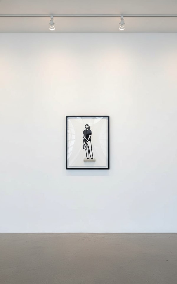 Julian Opie - Boston Statuettes: Long Hair, 2020, Freestanding patinated black bronze figure on Crema Grey light stone base