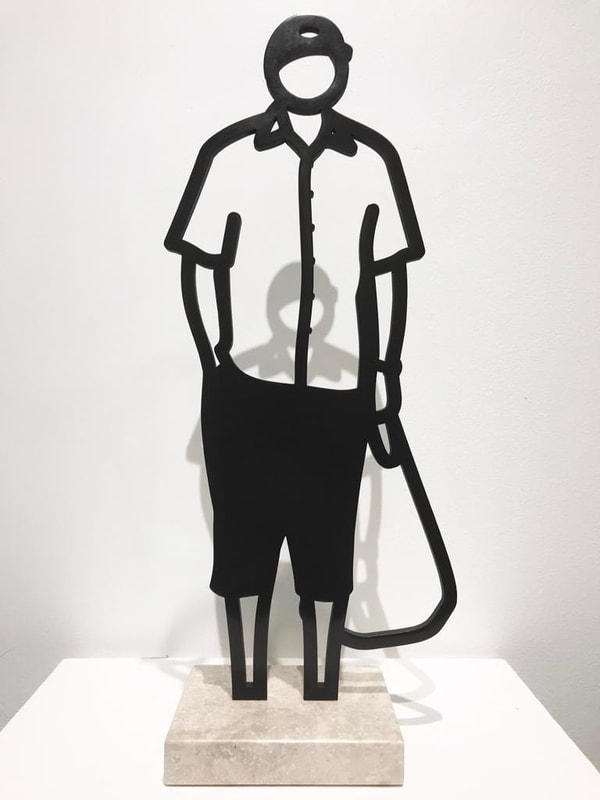 Julian Opie - Melbourne Statuettes: Plastic Bag, 2018, Freestanding patinated black bronze figure on Crema Grey light ston...