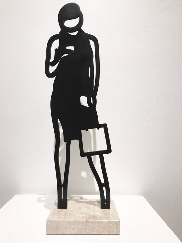 Julian Opie - Melbourne Statuettes: Telephone, 2018, Freestanding patinated black bronze figure on Crema Grey light stone ...