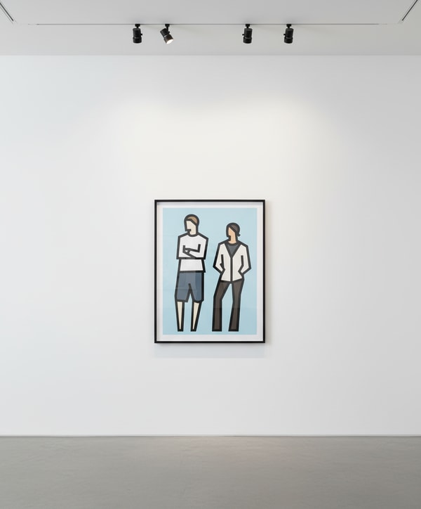 Julian Opie - Standing Couples 1, 2024, Reliefs with collage on archival Museum Boards, presented in sprayed white frames ...