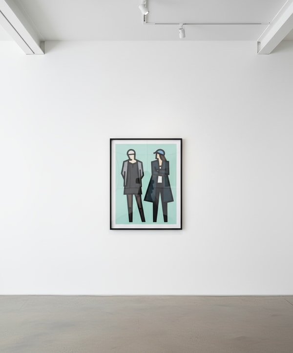 Julian Opie - Standing Couples 3, 2024, Reliefs with collage on archival Museum Boards, presented in sprayed white frames ...