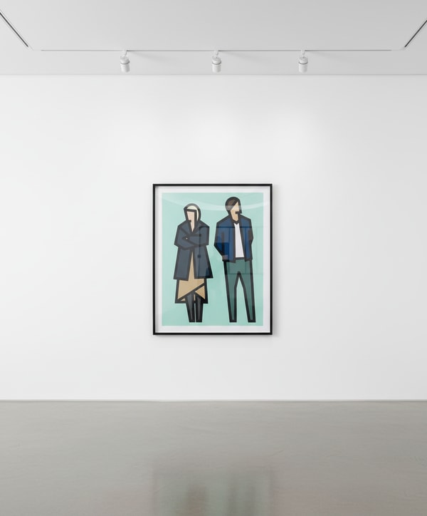 Julian Opie - Standing Couples 6, 2024, Reliefs with collage on archival Museum Boards, presented in sprayed white frames ...