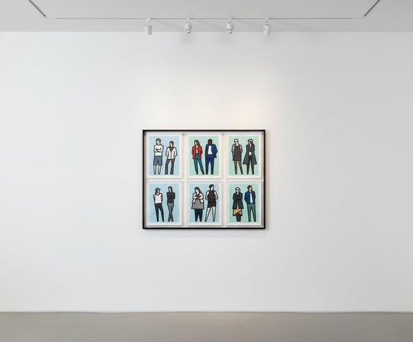 Julian Opie - Standing Couples, 2024, A series of six reliefs with collage on archival Museum Boards, presented in sprayed...