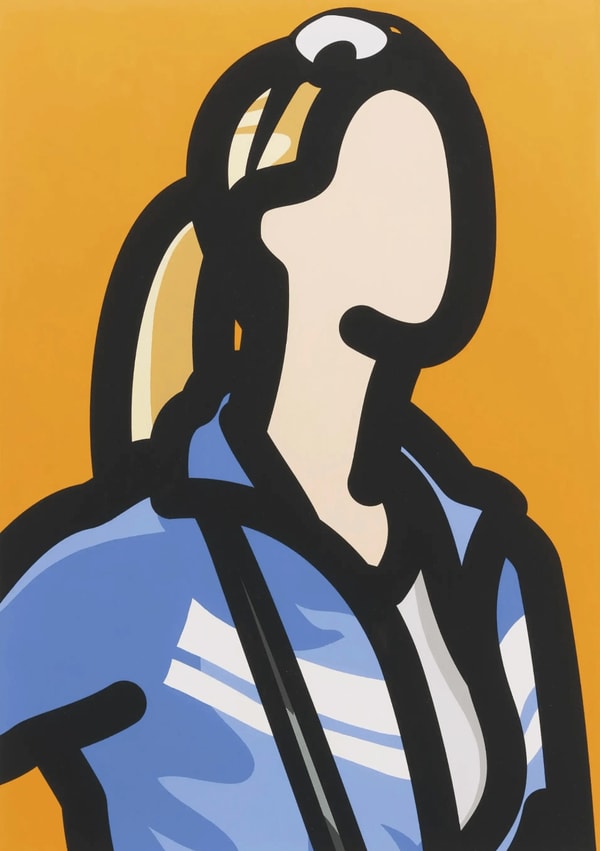 Julian Opie - Tourist With Pony Tail, 2014, Screen print with hand painting in frames specified by the
artist