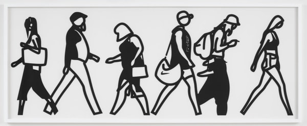 Julian Opie - Walking In Melbourne 1, 2018, Laser cut museum board relief print presented in a sprayed white frame specifi...
