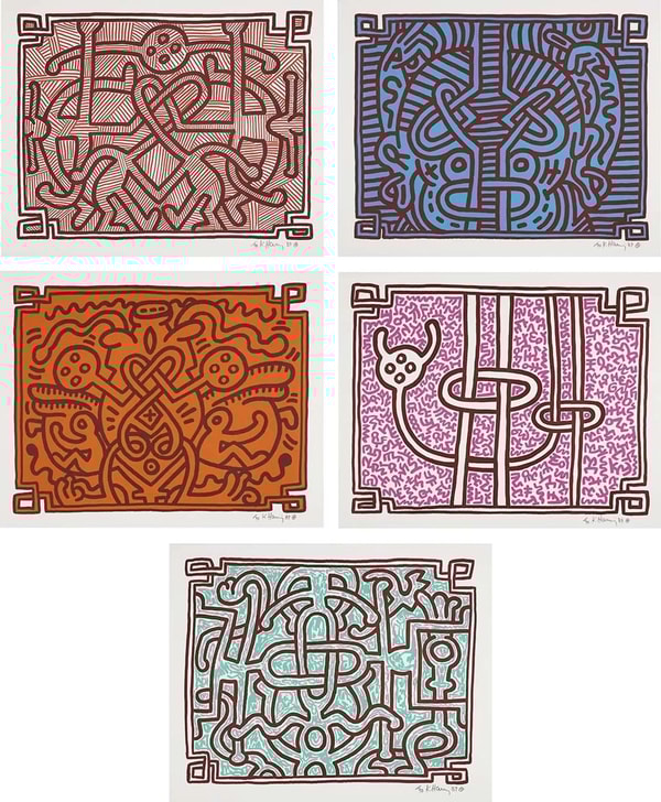 Keith Haring - Chocolate Buddha (Littmann PP. 122-125), 1989, The complete set of five lithographs