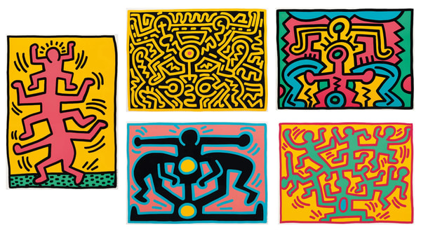 Keith Haring - Growing 1-5 (Littmann PP. 88 -91), 1988, The complete set of five screen prints