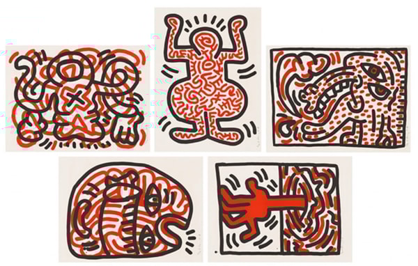 Keith Haring - Ludo 1-5 (Littmann PP. 44 - 47), 1985, The complete set of five matching lithographs