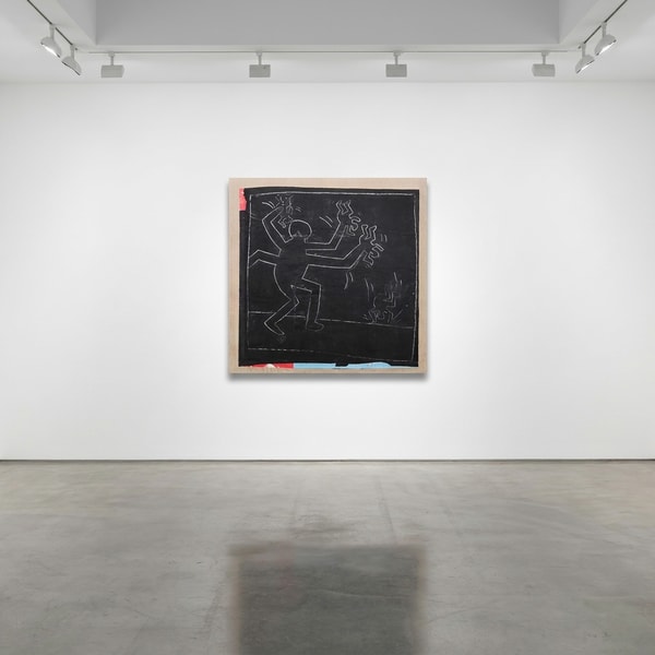 Keith Haring - Untitled (Growing), 1982, White chalk on black matte subway advertising paper, with underlying fragments of...