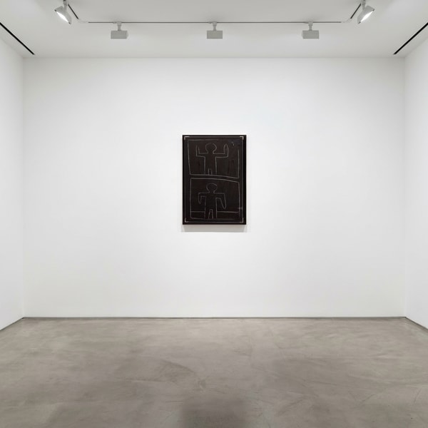 Keith Haring - Untitled (Aerobics), 1981, White chalk on black matte subway advertising paper affixed to jute canvas, moun...