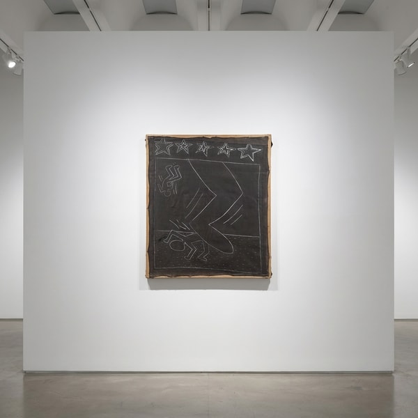 Keith Haring - Untitled (American Power), 1982, White chalk on black matte subway advertising paper, affixed to jute canva...