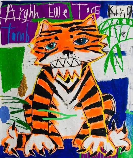 Nathan Paddison - Arghh Ewe Tore Kin tomb Ee, 2023, Oil stick, matte vinyl acrylic spray paint, charcoal, and pencil on ca...