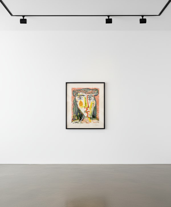 Pablo Picasso - Jacqueline au chapeau de paille, 1962, Original linocut printed in five colors (yellow, red, blue, green, ...