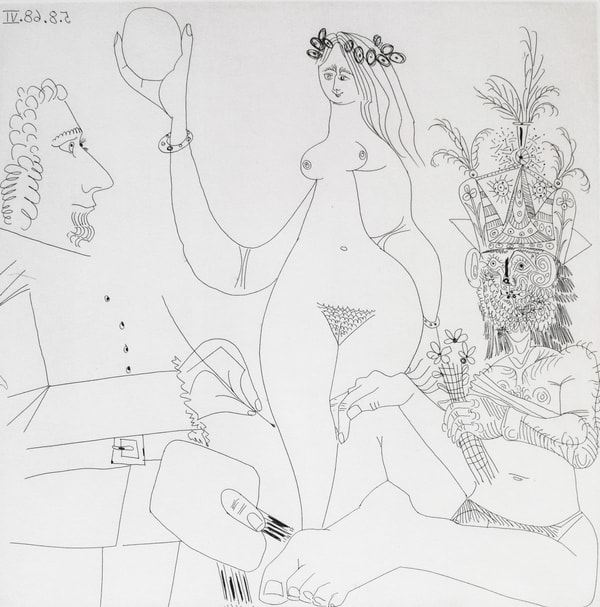 Pablo Picasso - Painter in front of one of Raphael's Three Graces, and a Woodsman in a Party Hat, 1968/69, Original Hand S...