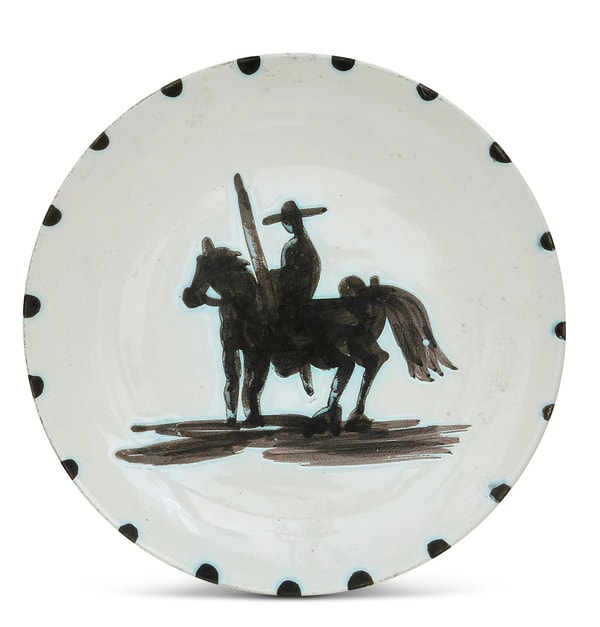 Pablo Picasso - Picador, 1952, Madoura turned round plate of white earthenware clay with white enamel and oxidized paraffi...