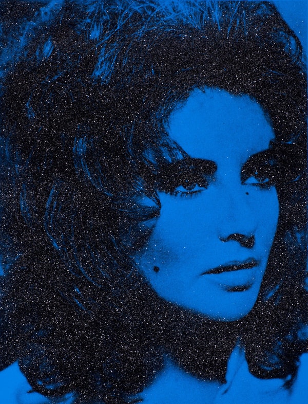 Russell Young - Liz Taylor Blue, 2011, Acrylic paint, enamel and diamond dust screen print on linen