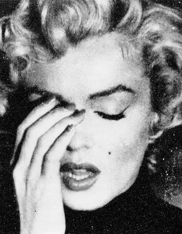 Russell Young - Marilyn Crying, Black and White, Small, 2019, Acrylic paint, enamel and diamond dust screen print on linen...