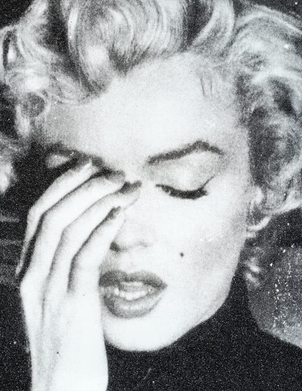 Russell Young - Marilyn Crying Santa Cruz Black and White, 2015, Hand-pulled acrylic and enamel screen print on linen with...