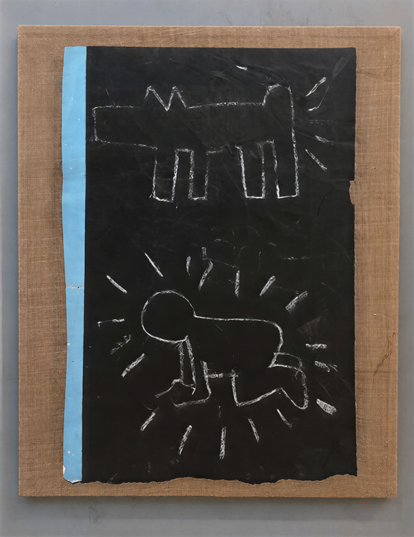 Keith Haring - Untitled (Dog and Child), 1982, White chalk on black matte subway advertising paper, affixed to jute canvas...