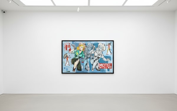 Terry Urban - Showdown at Rodeo Motel, 2024, Acrylic, oil, aerosol, pastel, and airbrush on canvas