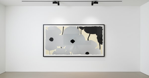 Donald Sultan - Silvers and Blacks, 2020, Silkscreen with enamel inks, flocking, and tar- like texture on Rising 4-ply Mus...